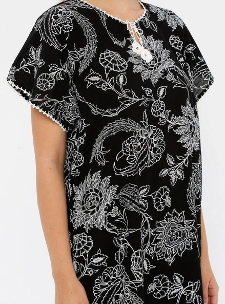 Kısa Kol Şile Bezi Baskılı Uzun Yazlık Elbise Çınar Desen Siyah Syh XL Siyah - Resim 11