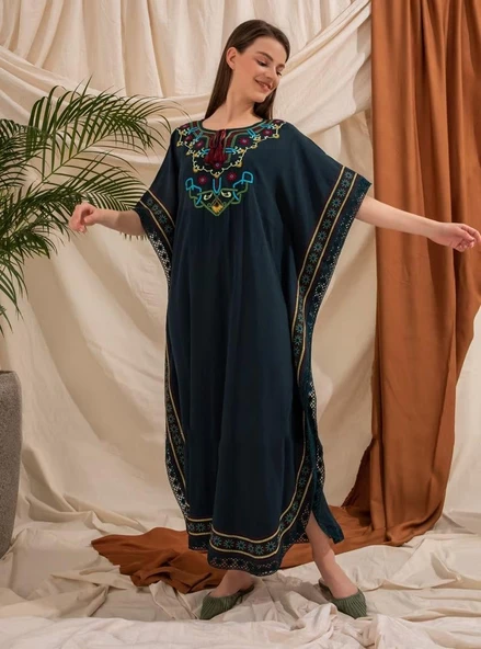 Kısa Kol Şile Bezi Gülseren Uzun Yazlık Otantik Elbise Petrol Ptrl - Resim 12