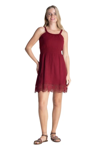 Askılı Şile Bezi Örgülü Mini Yazlık Elbise Bordo Brd S Bordo - Resim 7