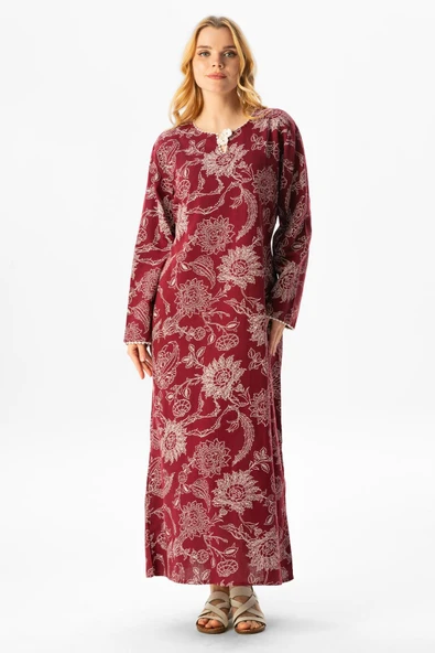 Uzun Kol Şile Bezi Baskılı Uzun Yazlık Elbise Çınar Desen Bordo Brd 2XL Bordo - Resim 5