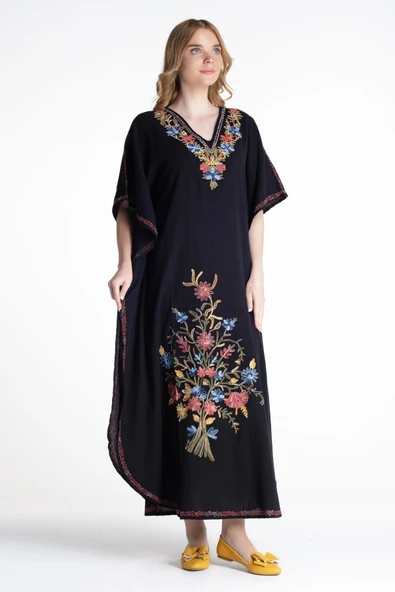 Kısa Kol Şile Bezi Tibet Uzun Yazlık Otantik Elbise Siyah Syh - Resim 6