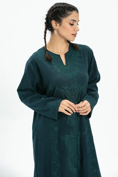 Uzun Kol Şile Bezi Simli Kaftan Midi Boy Yazlık Elbise Petrol Ptrl XL Petrol - Resim 3