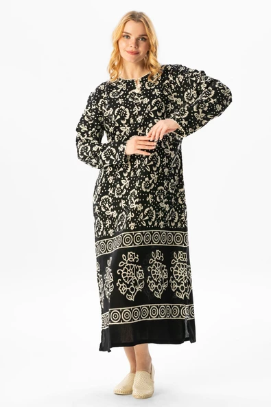 Uzun Kol Pamuk Taş Baskı Yoğun Desen Uzun Yazlık Etnik Elbise Siyah Syh XL Siyah-Beyaz - Resim 5