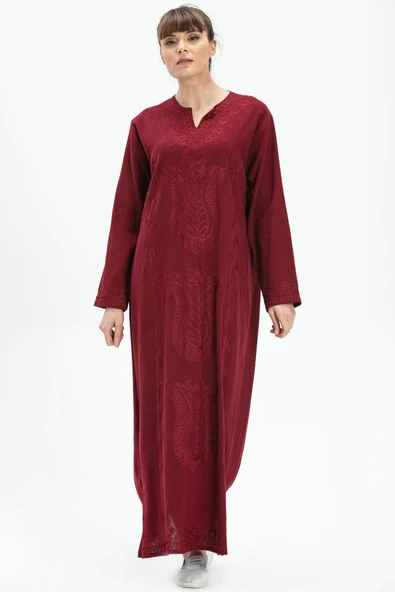 Uzun Kol Şile Bezi Simli Kaftan Midi Boy Yazlık Elbise Bordo Brd 3XL Bordo ürün görseli