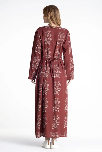 Uzun Kol Şile Bezi Baskılı Uzun Zambak Desen Yazlık Elbise Bordo Brd 2XL Bordo - Resim 2