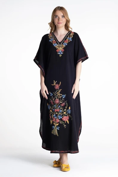 Kısa Kol Şile Bezi Tibet Uzun Yazlık Otantik Elbise Siyah Syh ürün görseli