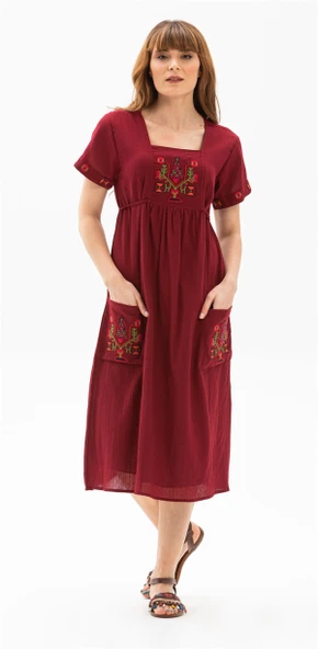 Kısa Kol Şile Bezi Melek Midi Boy Yazlık Otantik Elbise Bordo Brd XL Bordo - Resim 6