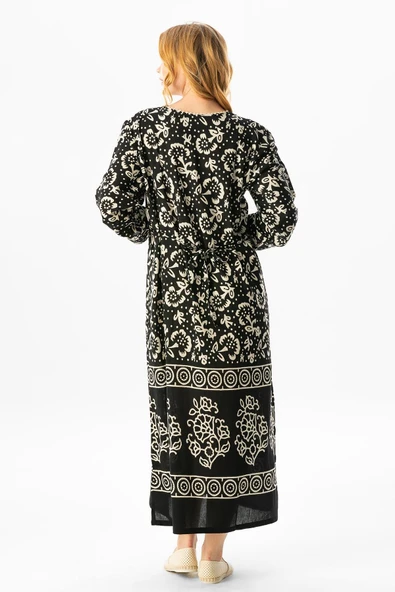 Uzun Kol Pamuk Taş Baskı Yoğun Desen Uzun Yazlık Etnik Elbise Siyah Syh XL Siyah-Beyaz - Resim 2