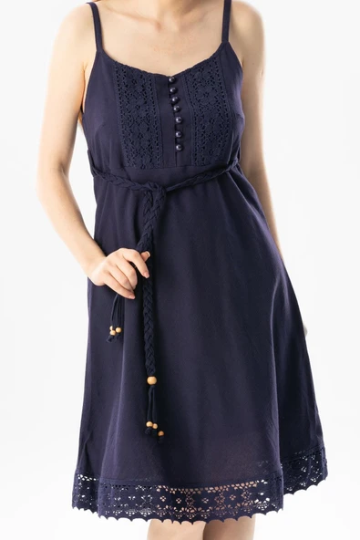 Askılı Şile Bezi Eda Kısa Yazlık Elbise Mor Mor XS Mor - Resim 3