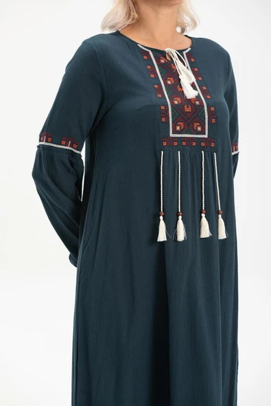 Uzun Kol Şile Bezi Seher Uzun Tesettür Elbise Petrol Ptrl - Resim 3