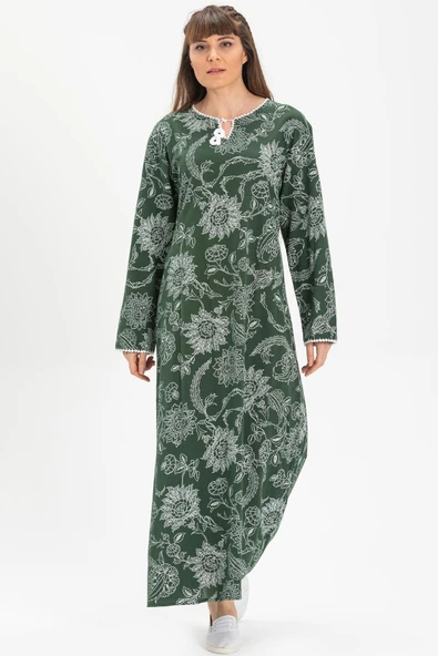 Uzun Kol Şile Bezi Baskılı Uzun Yazlık Elbise Çınar Desen Yeşil Ysl 2XL Yeşil - 1