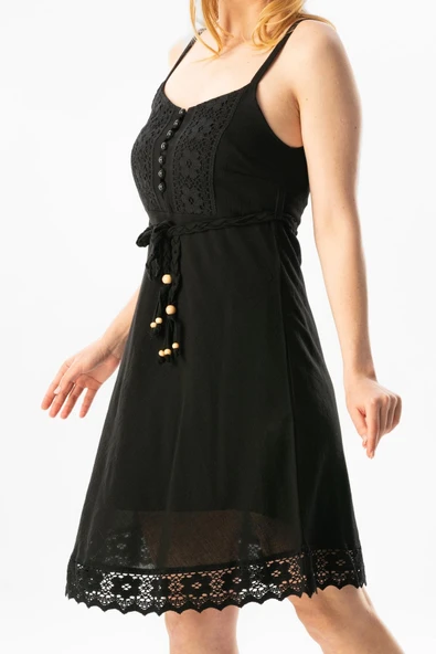 Askılı Şile Bezi Eda Kısa Yazlık Elbise Siyah Syh - Resim 3