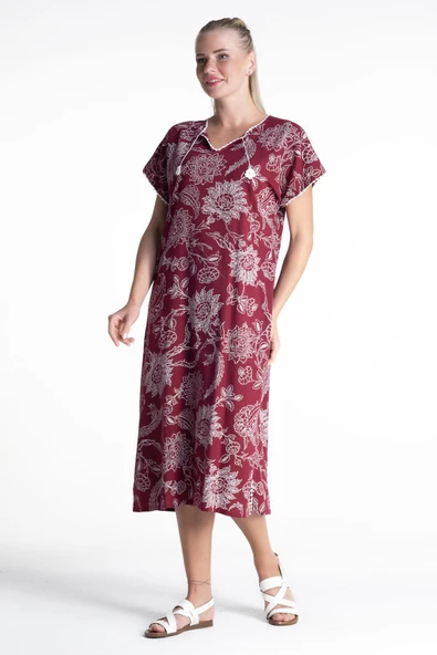 Kısa Kol Şile Bezi Baskılı Uzun Yazlık Elbise Çınar Desen Bordo Brd L Bordo - Resim 5