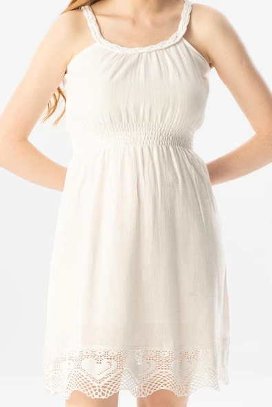 Askılı Şile Bezi Örgülü Mini Yazlık Elbise Beyaz Byz L Beyaz - Resim 3