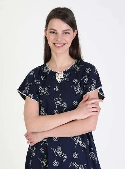 Kısa Kol Şile Bezi Baskılı Midi Boy Yazlık Elbise Serpme Desen Lacivert Lcvt L Lacivert - Resim 9