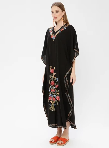 Kısa Kol Şile Bezi Tibet Uzun Yazlık Otantik Elbise Siyah Syh - Resim 10
