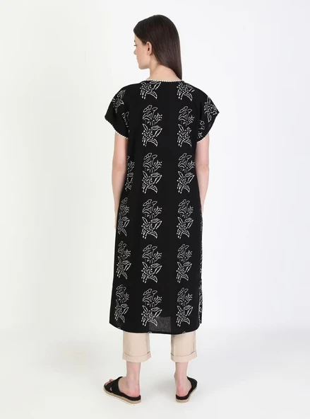 Kısa Kol Şile Bezi Baskılı Zambak Desen Midi Boy Yazlık Elbise Siyah Syh XL Siyah - Resim 8