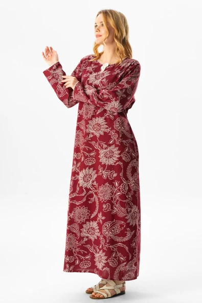 Uzun Kol Şile Bezi Baskılı Uzun Yazlık Elbise Çınar Desen Bordo Brd 2XL Bordo - Resim 4