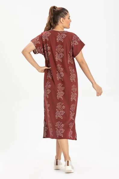 Kısa Kol Şile Bezi Baskılı Zambak Desen Midi Boy Yazlık Elbise Bordo Brd 2XL Bordo - Resim 2