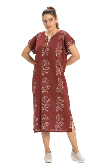 Kısa Kol Şile Bezi Baskılı Zambak Desen Midi Boy Yazlık Elbise Bordo Brd 2XL Bordo - Resim 6