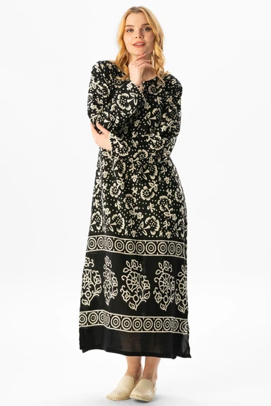 Uzun Kol Pamuk Taş Baskı Yoğun Desen Uzun Yazlık Etnik Elbise Siyah Syh XL Siyah-Beyaz - Resim 4