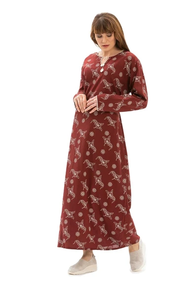 Uzun Kol Şile Bezi Baskılı Uzun Yazlık Elbise Serpme Desen Bordo Brd XL Bordo - Resim 6