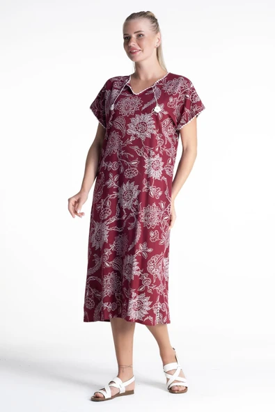 Kısa Kol Şile Bezi Baskılı Uzun Yazlık Elbise Çınar Desen Bordo Brd XL Bordo - Resim 5