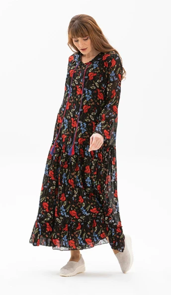 Uzun Kol Vual Gonca Uzun Yazlık Elbise Gelincik Desen Kırmızı Siyah Çizgili 6159 S/M Siyah ürün görseli