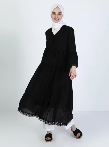 Uzun Kol Vual Şeyma Uzun Yazlık Elbise Siyah Syh XL Siyah - Resim 8