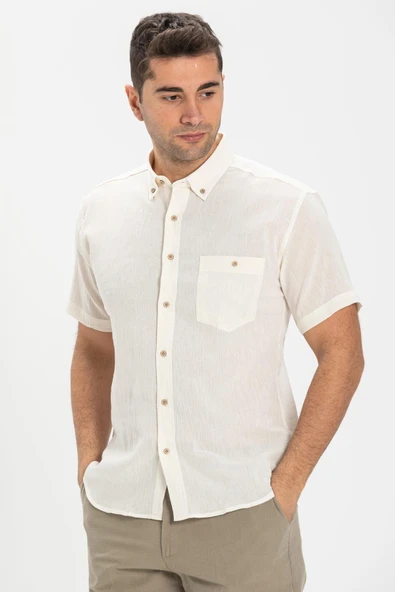 Kısa Kol Dar Kalıp Şile Bezi Tek Cepli Erkek Yazlık Gömlek Krem 3002 L Krem ürün görseli