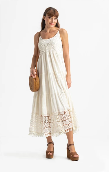 Askılı Şile Bezi Didem Uzun Yazlık Elbise Krem Krm - Resim 4