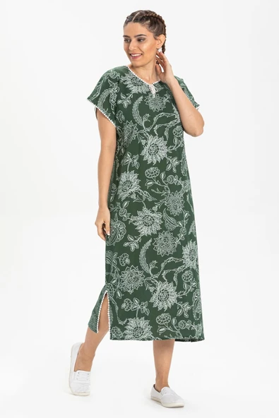 Kısa Kol Şile Bezi Baskılı Uzun Yazlık Elbise Çınar Desen Yeşil Ysl - Resim 4