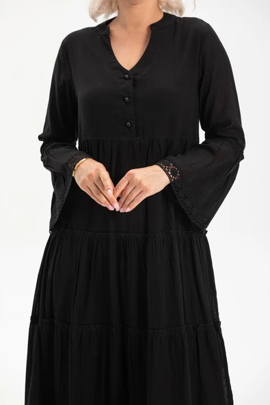 Uzun Kol Vual Şeyma Uzun Yazlık Elbise Siyah Syh XL Siyah - Resim 3