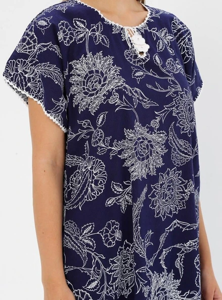 Kısa Kol Şile Bezi Baskılı Uzun Yazlık Elbise Çınar Desen Lacivert Lcvt L Lacivert - Resim 10