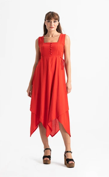 Kolsuz Şile Bezi Üçgen Katlı Midi Boy Yazlık Elbise Kırmızı Krmz S Kırmızı ürün görseli