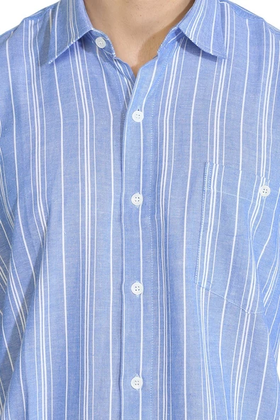 Kısa Kol Şile Bezi Tek Cepli Erkek Yazlık Gömlek Mavi Beyaz Çizgili 3019 L Mavi Beyaz Çizgili - Resim 3