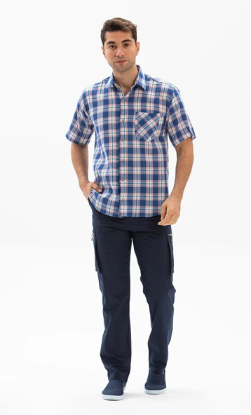 Kısa Kol Şile Bezi Tek Cepli Erkek Yazlık Gömlek Saks Ekose 3060 M Saks Ekose - Resim 3