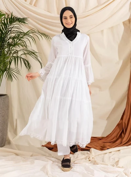 Uzun Kol Vual Şeyma Uzun Yazlık Elbise Beyaz Byz L Beyaz - Resim 7