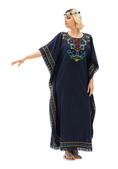 Kısa Kol Şile Bezi Gülseren Uzun Yazlık Otantik Elbise Lacivert Lcvt S/M Lacivert - Resim 7