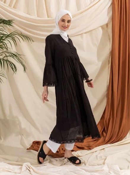Uzun Kol Vual Şeyma Uzun Yazlık Elbise Siyah Syh - Resim 11