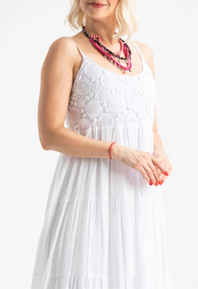 Askılı Şile Bezi Didem Uzun Yazlık Elbise Beyaz Byz - Resim 3
