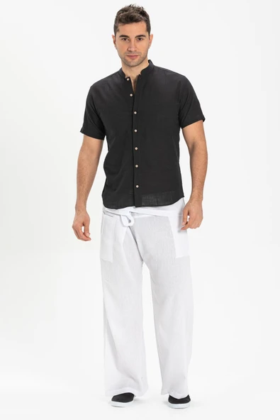 Kısa Kol Şantuklu Pamuk Bodrum Yazlık Erkek Gömlek Siyah 3003 M Siyah ürün görseli