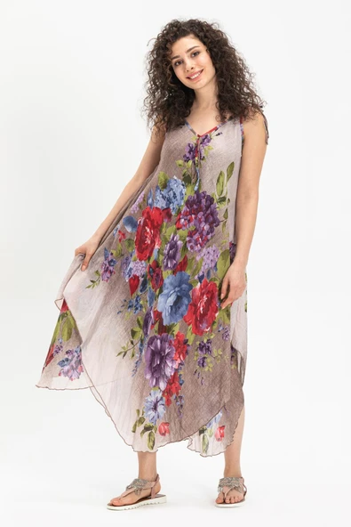 Askılı Vual Afrodit Midi Boy Yazlık Elbise Gri 6132 ürün görseli