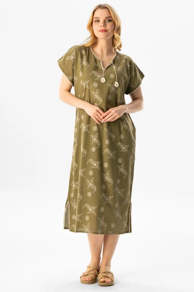 Kısa Kol Şile Bezi Baskılı Midi Boy Yazlık Elbise Serpme Desen Haki Hk L Haki ürün görseli