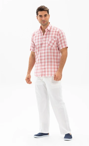 Kısa Kol Şile Bezi Tek Cepli Erkek Yazlık Gömlek Pembe Ekose 3059 L Pembe Ekose - 4