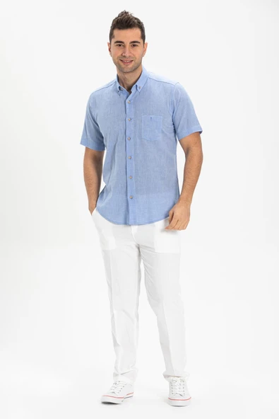 Kısa Kol Dar Kalıp Şile Bezi Tek Cepli Erkek Yazlık Gömlek Mavi 3032 L Mavi - Resim 3