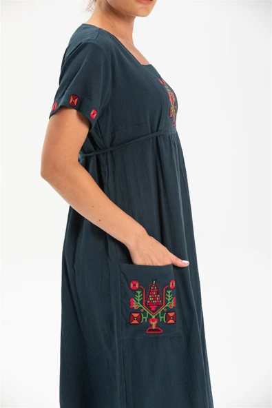 Kısa Kol Şile Bezi Büyük Beden Melek Midi Boy Yazlık Elbise Petrol Ptrl 4XL Petrol - Resim 3