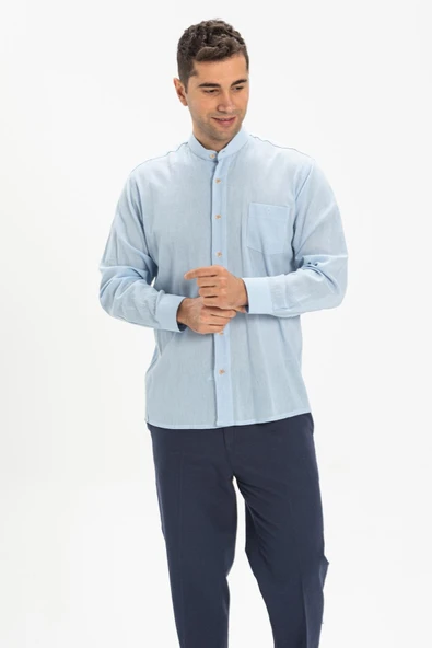 Uzun Kol Şile Bezi Hakim Yaka Tek Cepli Erkek Yazlık Gömlek Buz Mavi 3027 XL Buz Mavi - Resim 4