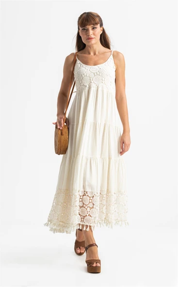 Askılı Şile Bezi Didem Uzun Yazlık Elbise Krem Krm - Resim 6