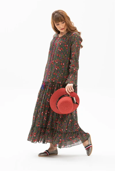 Uzun Kol Vual Gonca Uzun Yazlık Elbise Tomurcuk Desen Yeşil 6170 - Resim 3